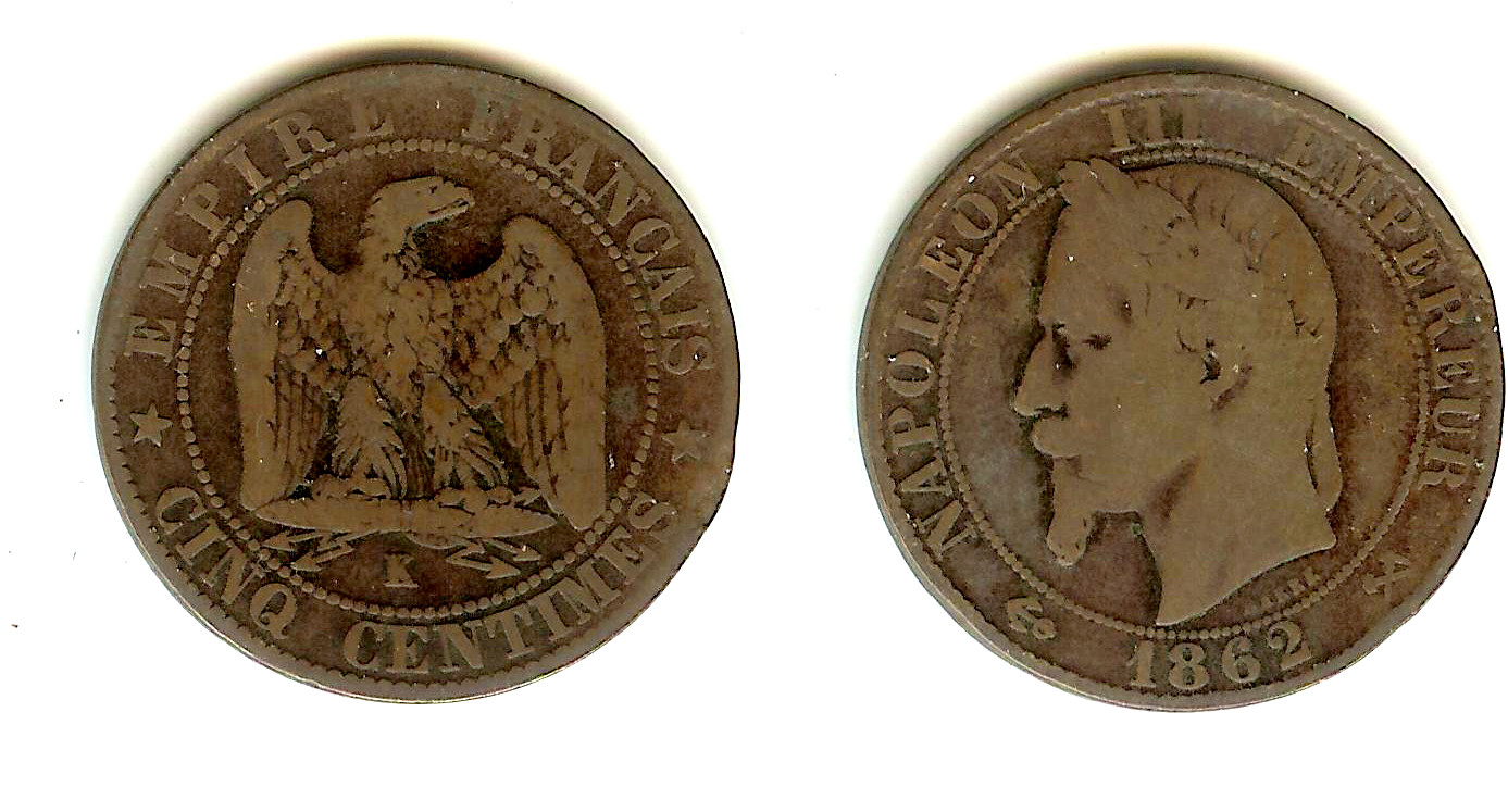 5 centimes Napoleon III 1862K aF/gF
